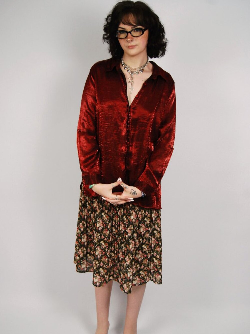 90s Metallic Blouse (XL) red vintage womens top shiny long sleeve button up boho